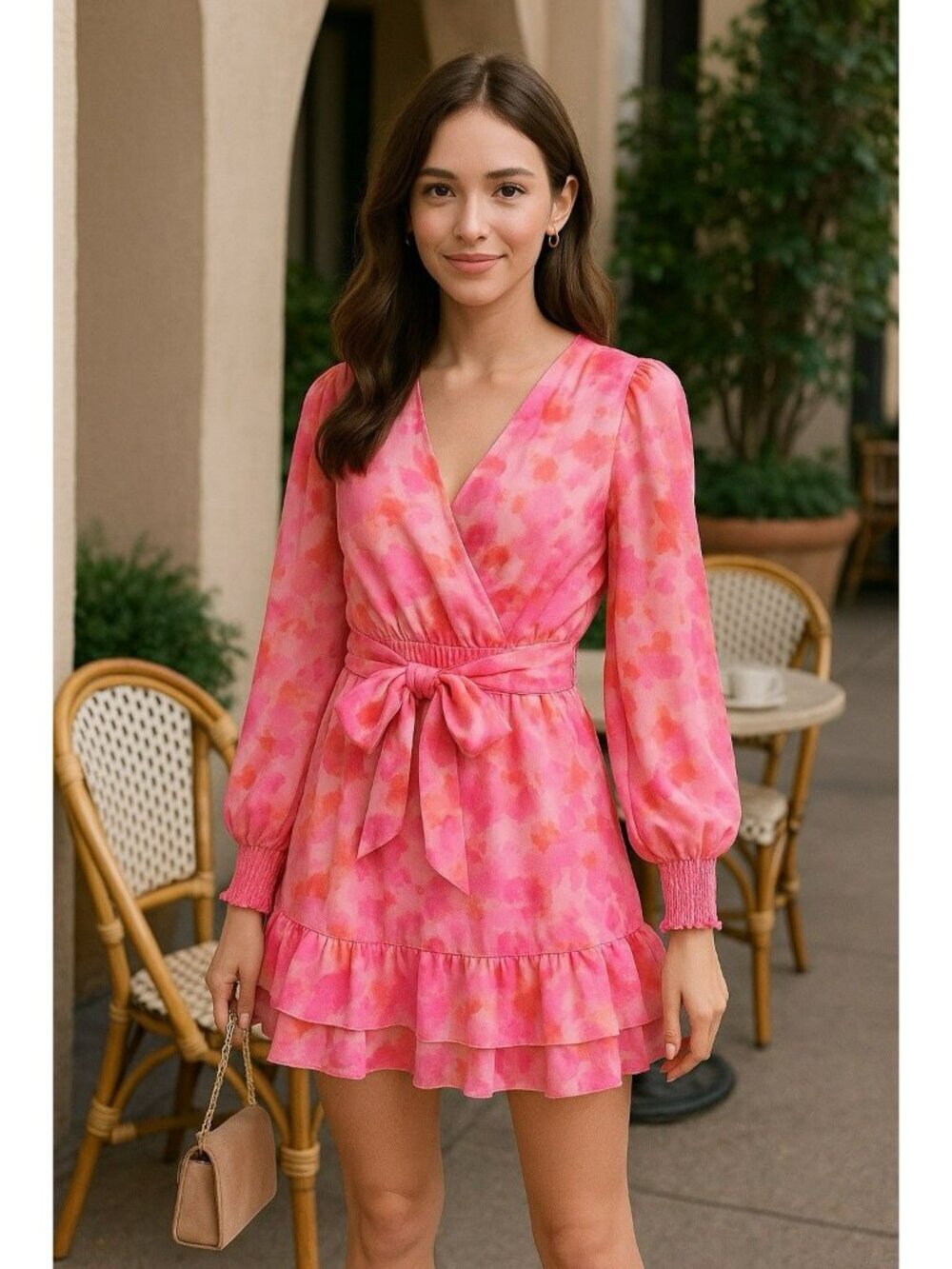 Japna Pink Watercolor Wrap Mini Dress with Puff Sleeves
